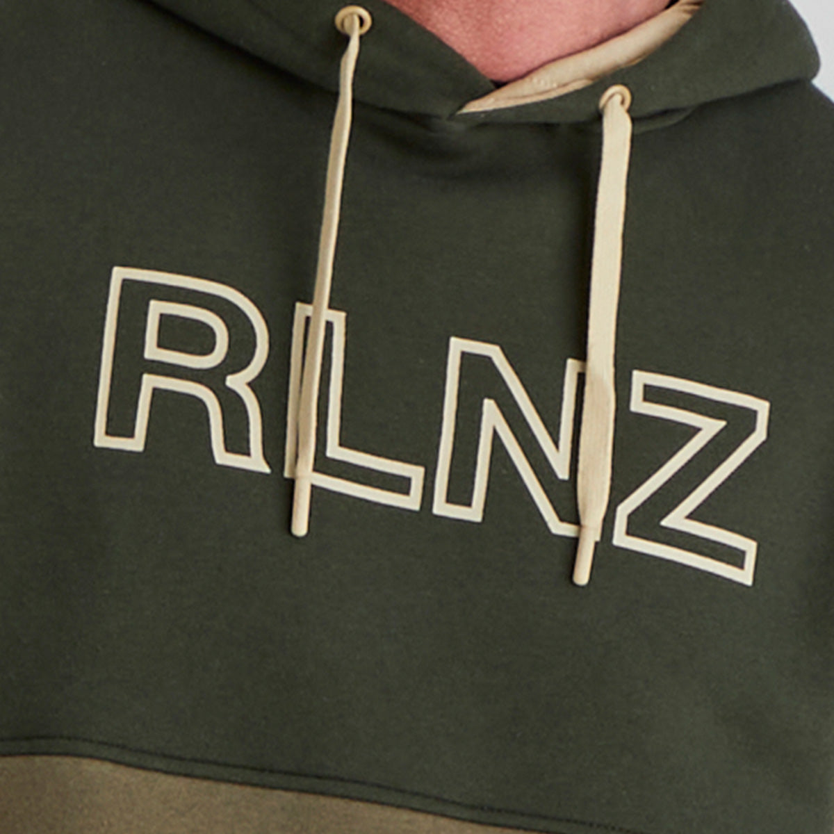 Green hoodie with 'RLNZ' logo on a plain background
