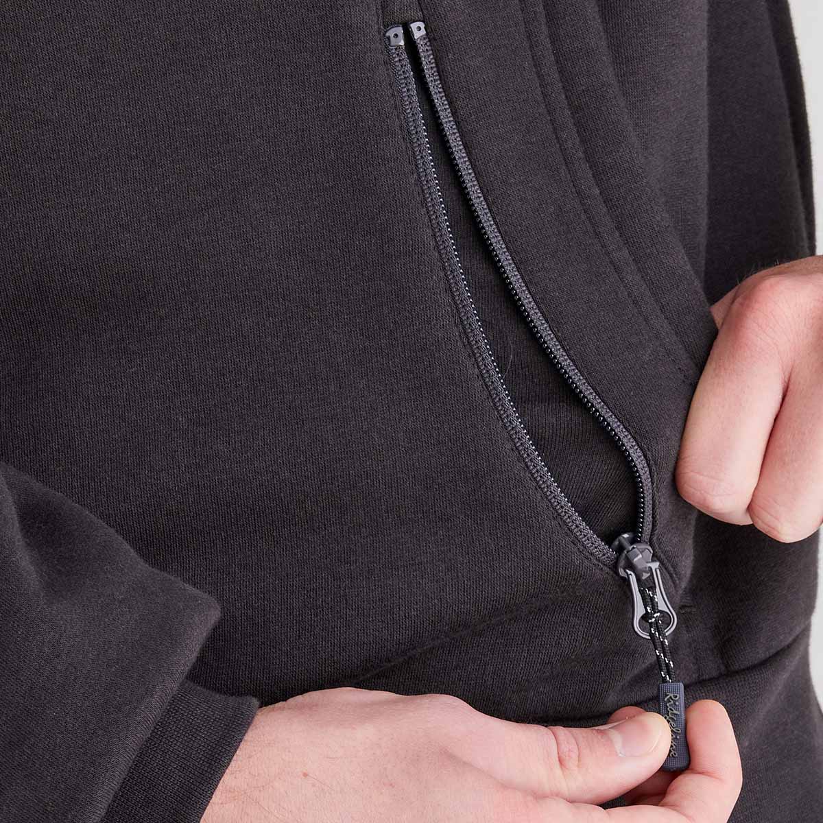 side zip of the hoodie showing open.