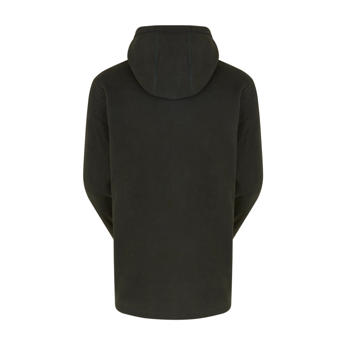 back view of a green fleece hoodie with a hood, on a white background