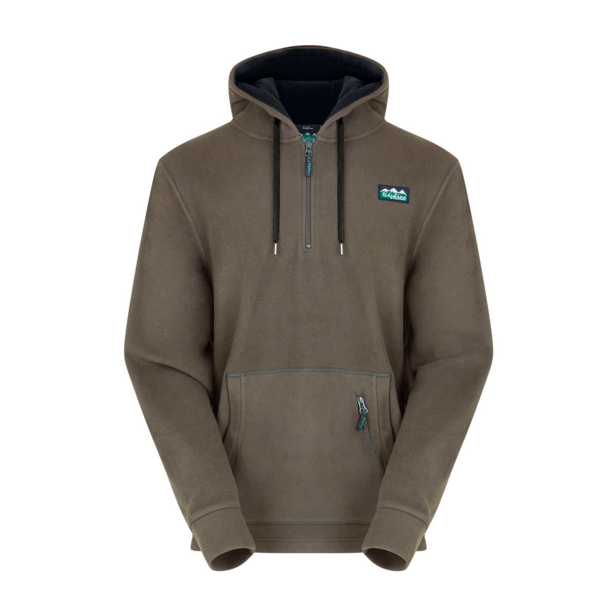 A green fleece hoodie with a hood, 1/4 zip front, and thumb-loops at the cuffs. It features a front kangaroo pocket and a secondary zippered pocket. Ridgeline Clothing Logo on Chest