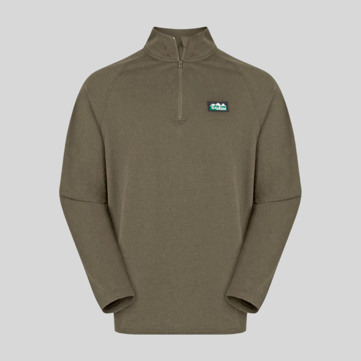 Brown pullover with quarter zip and Ridgeline Clothing Logo on chest. On a white background