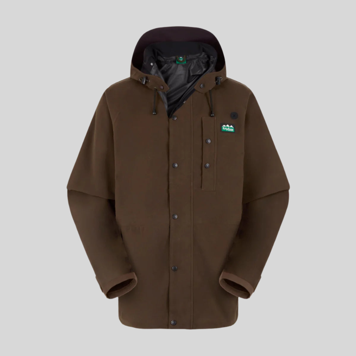 A brown-coloured Ridgeline waterproof Jacket with a detachable hood, zip front, and multiple pockets. on a white background