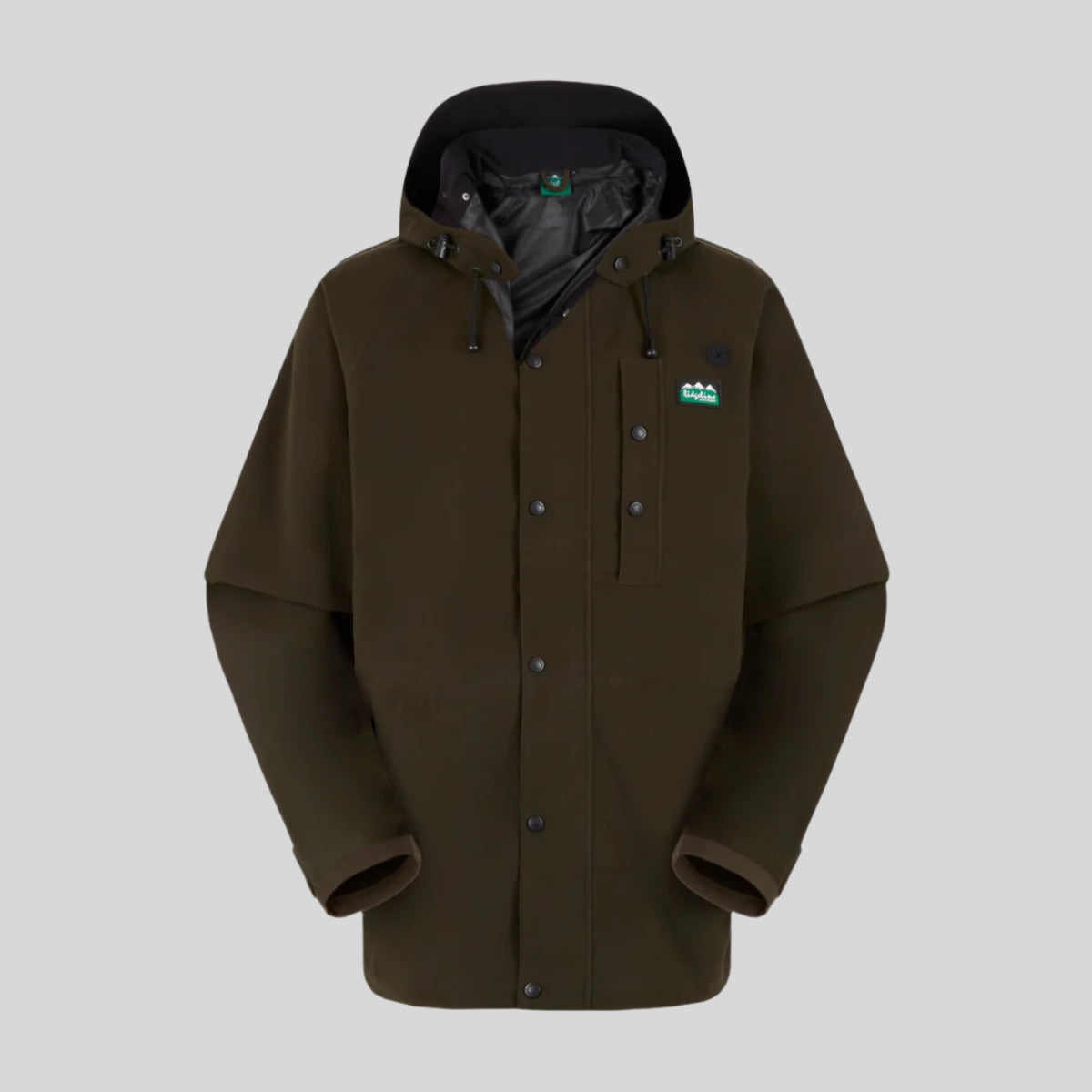 A dark green-coloured Ridgeline Monsoon waterproof Jacket with a detachable hood, zip front, and multiple pockets. on a white background