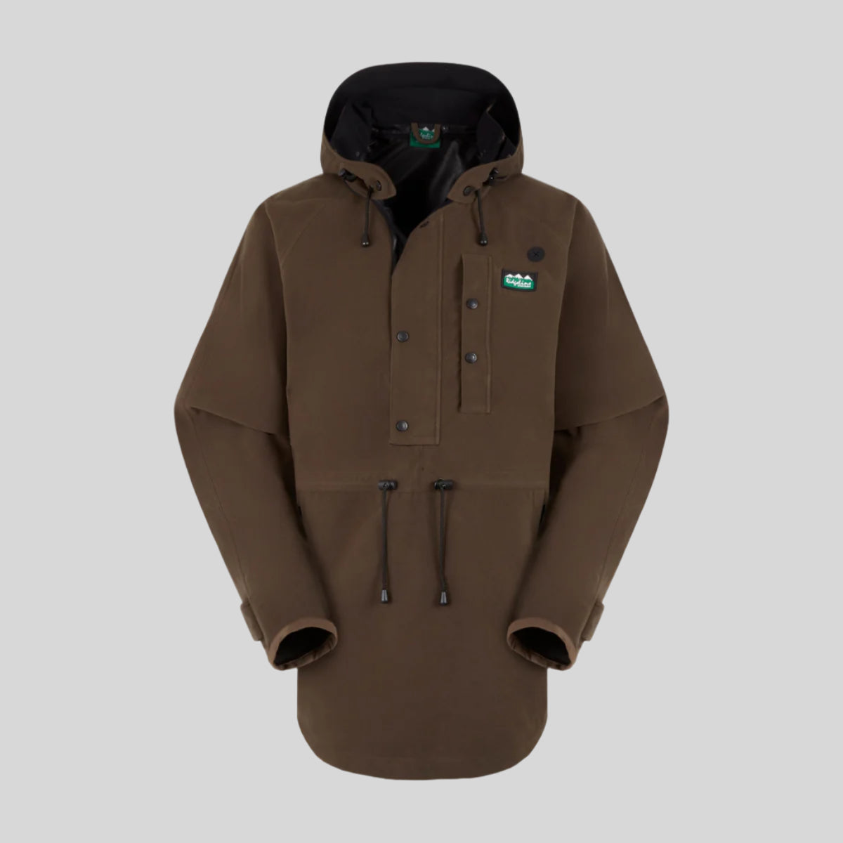 Brown jacket with black hood on a white background