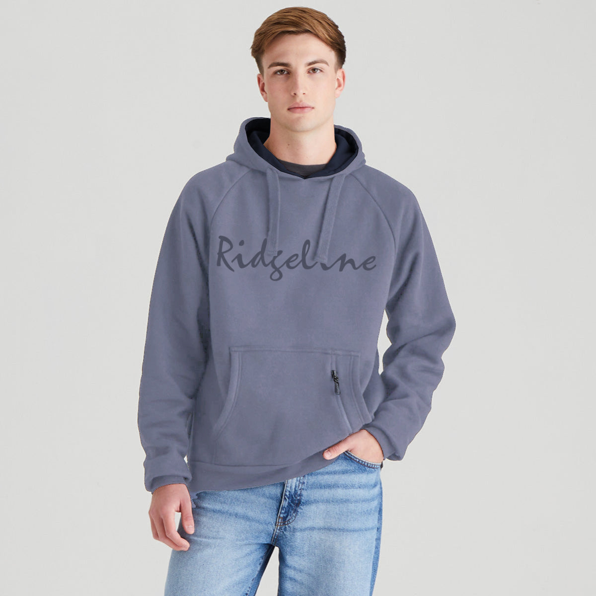 Person wearing a gray hoodie with 'Ridgeline' branding on a light gray background