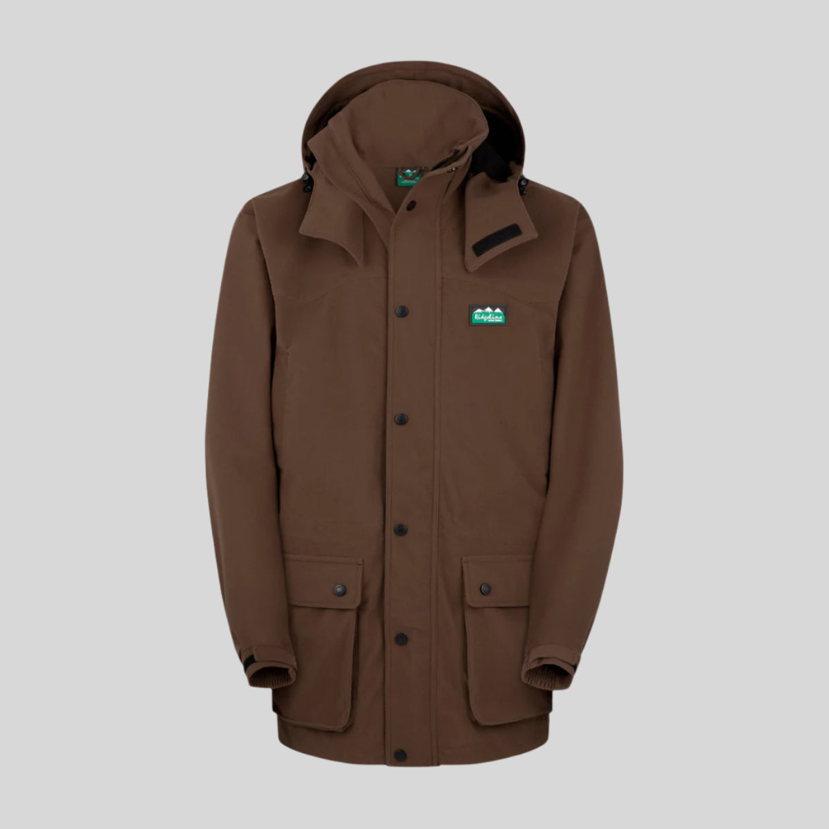 A brown coloured Ridgeline Torrent III Jacket with a detachable hood, zip front, and multiple pockets. on a white background