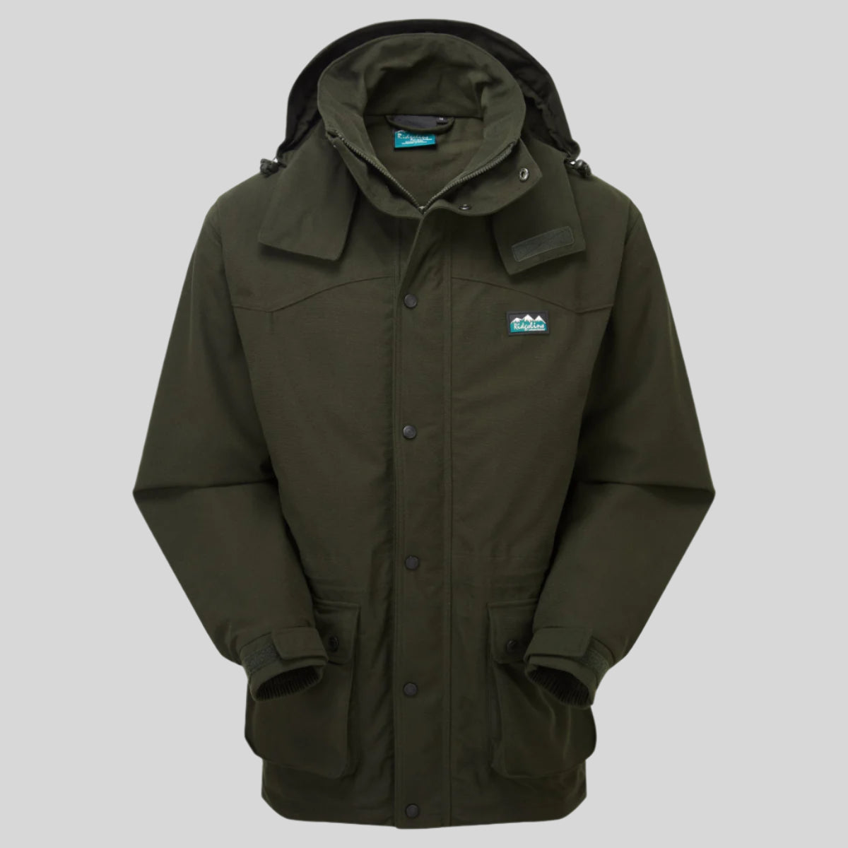 A green-coloured Ridgeline Torrent III Jacket with a detachable hood, zip front, and multiple pockets.