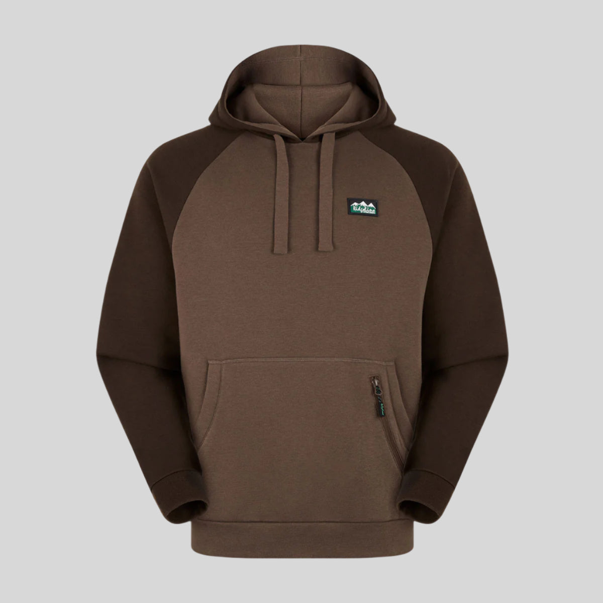 A green and brown hoodie with a kangaroo pocket and a small zippered pocket, featuring a Ridgeline Logo on the upper left side.