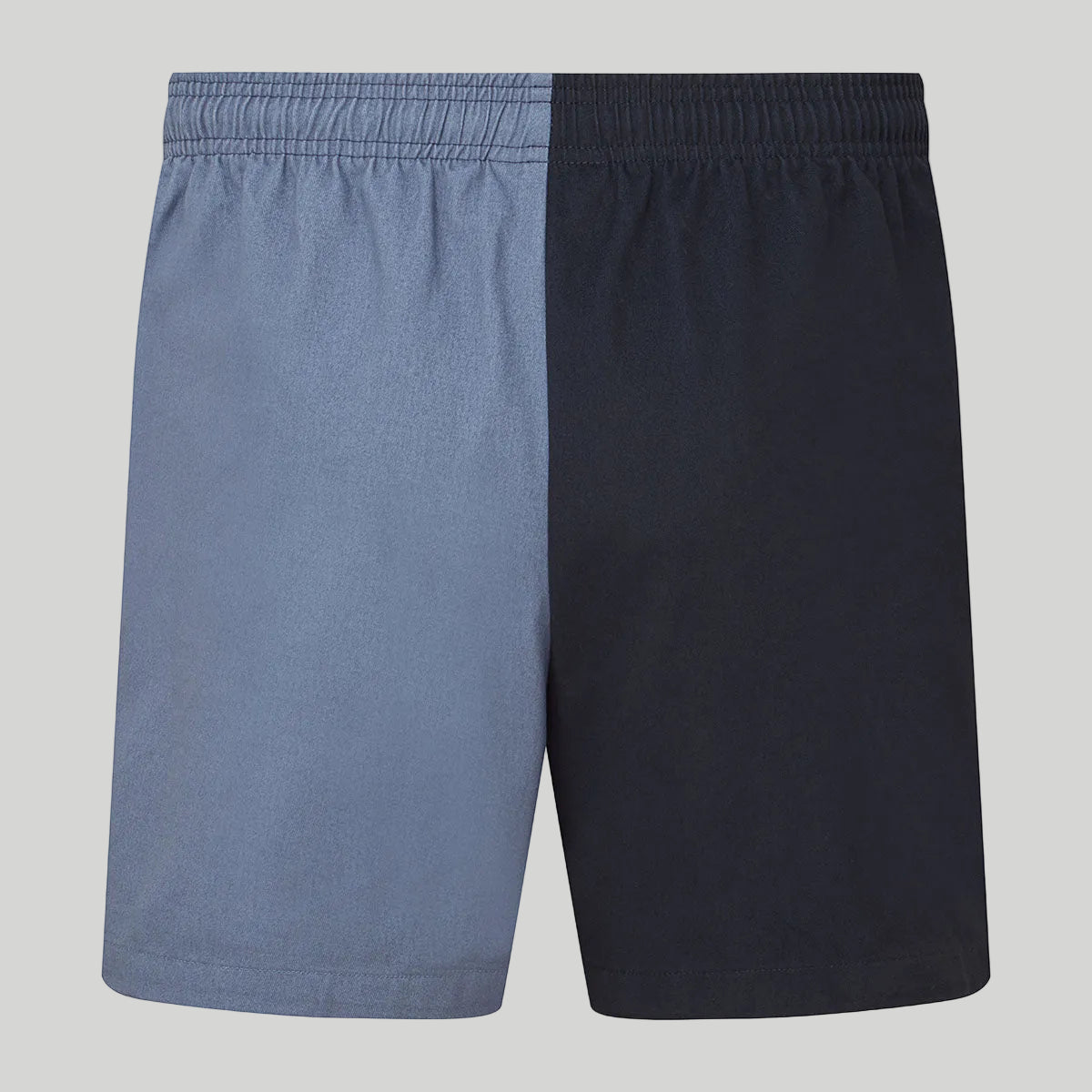 Pair of blue and navy shorts on a gray background