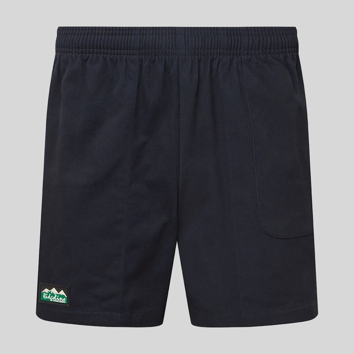Black shorts with a logo on a grey background