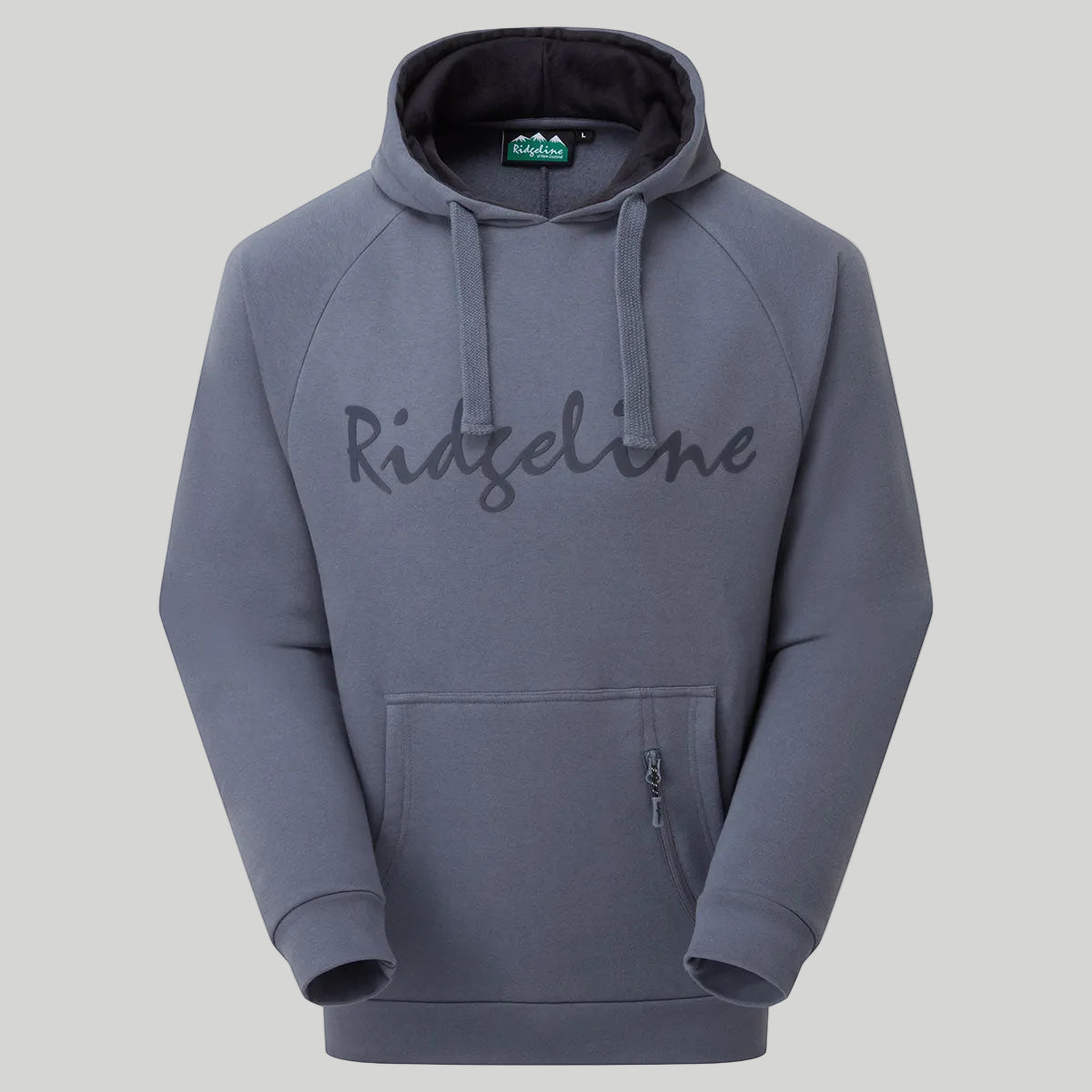 Light blue hoodie with 'Ridgeline' branding on a light gray background