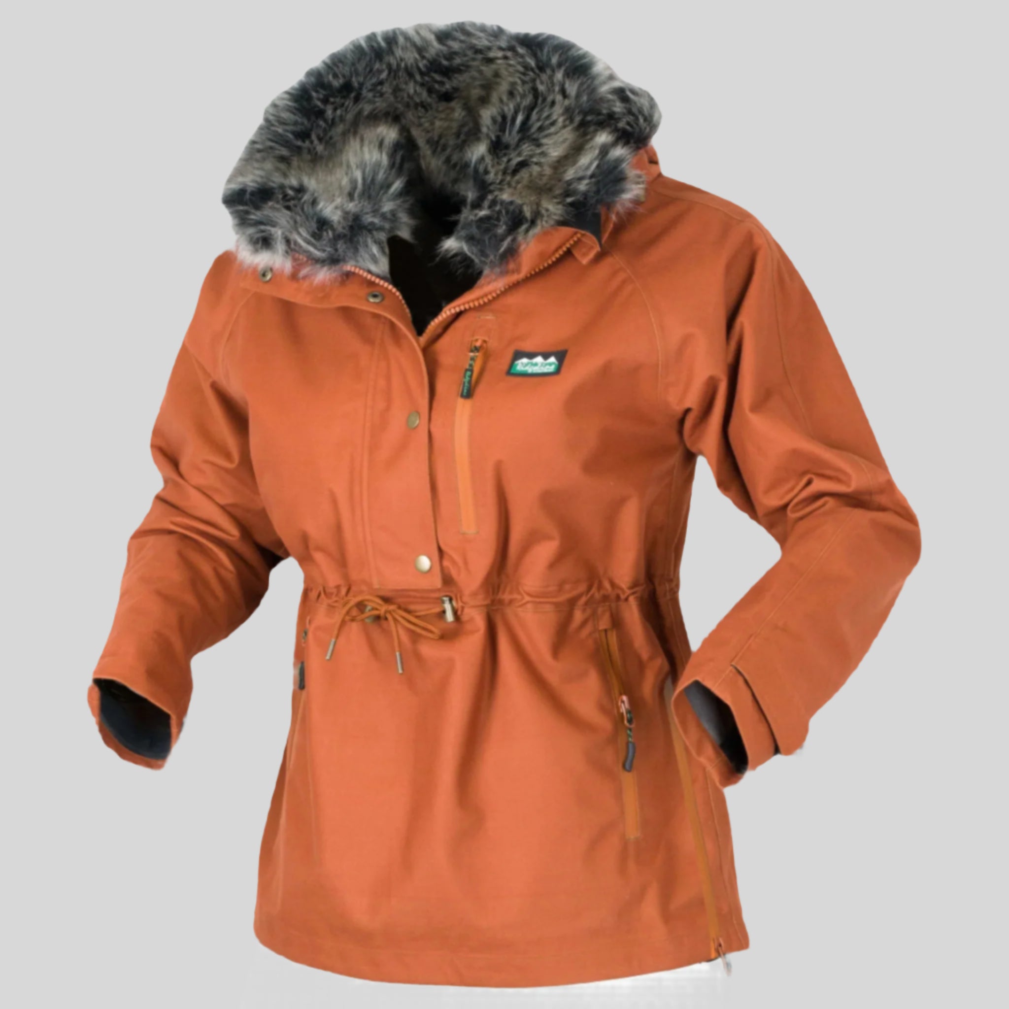 Orange winter jacket with fur-lined hood on a white background