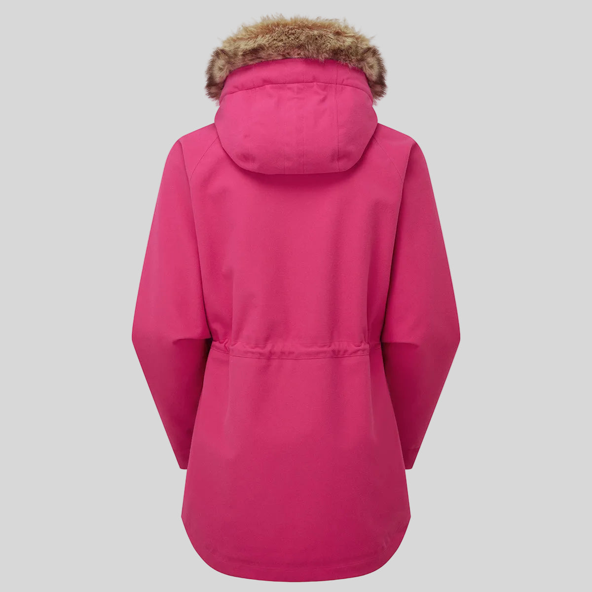 A bright pink hooded winter jacket shown from the back, featuring a brown faux-fur trimmed hood and a drawcord waist, photographed on a plain white background.