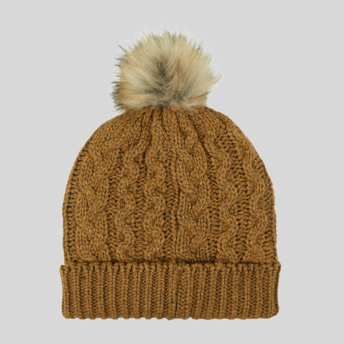 back view of a brown Nordic Fleck bobble hat with a white pom-pom on top and a wide rib turn-up band. on a white background