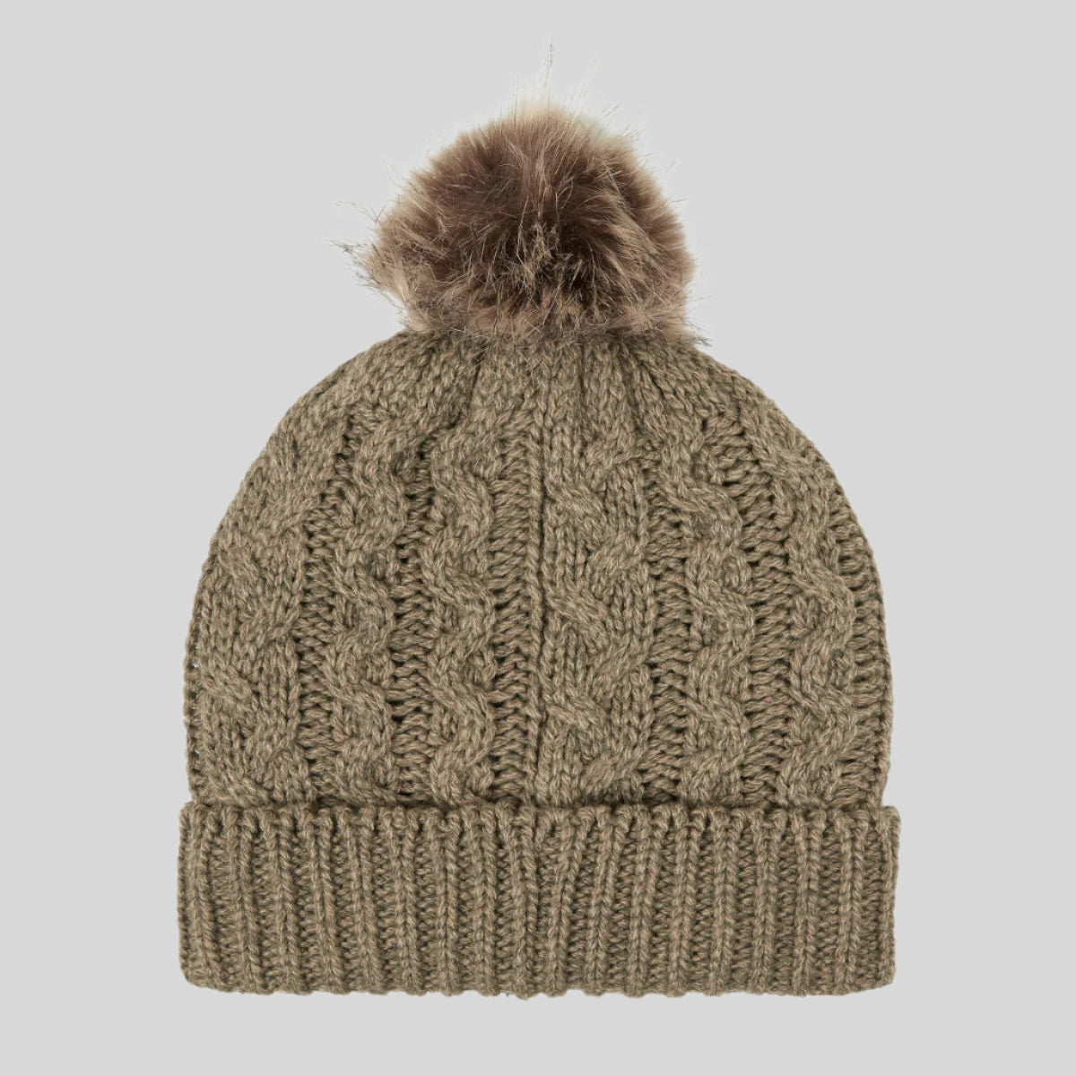 Back view of brown Nordic Fleck bobble hat with a white pom-pom on top and a wide rib turn-up band. on a white background