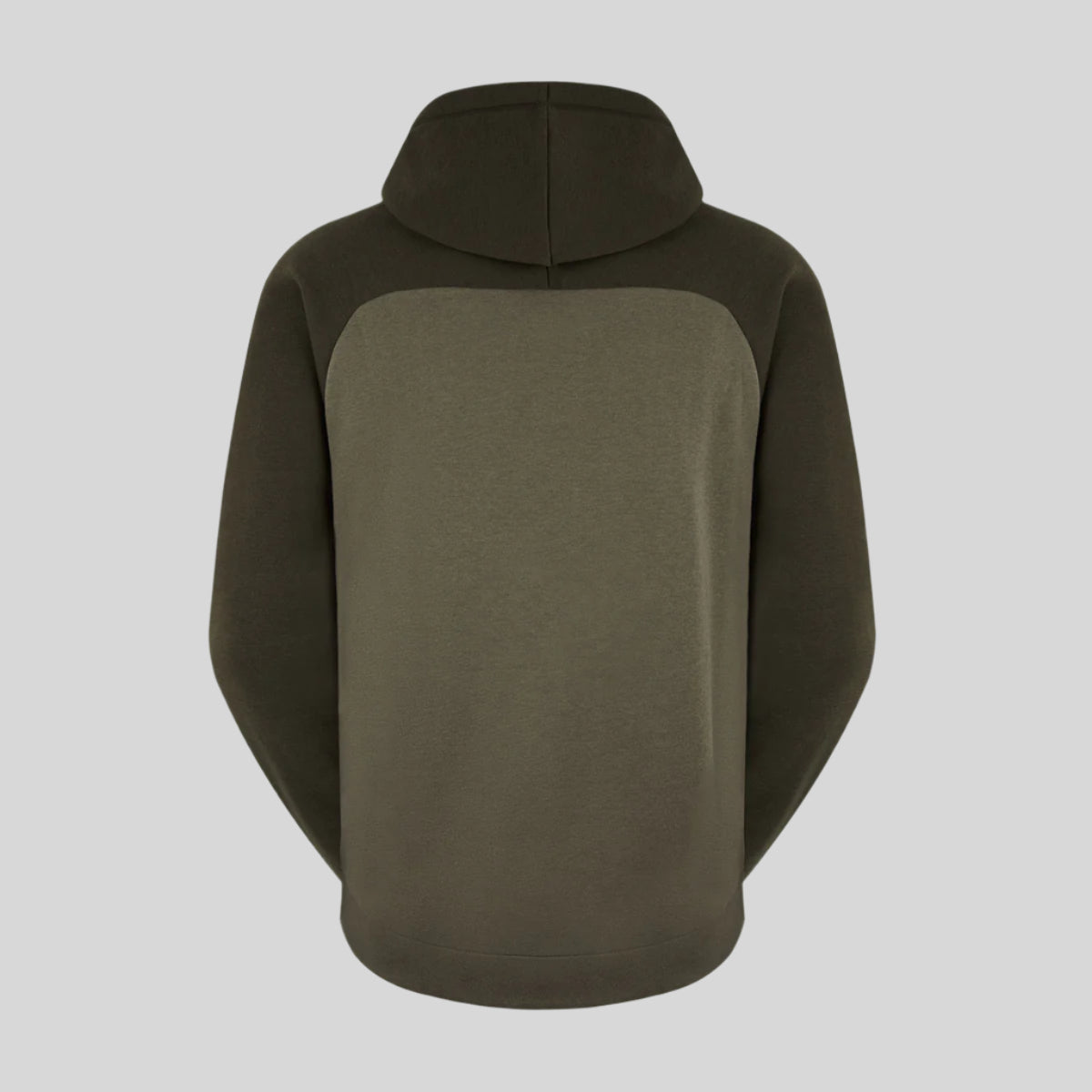 Back view A beige and brown hoodie with a Hood. On a white background