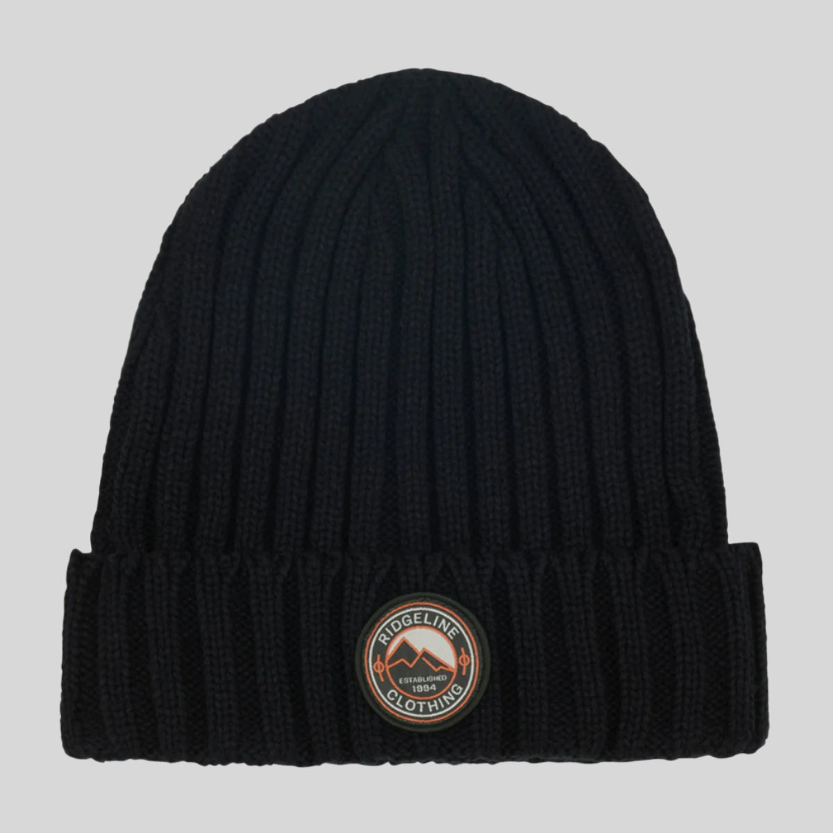 Navy Beanie hat with round Ridgeline Clothing Logo EST. 1994. On a white background
