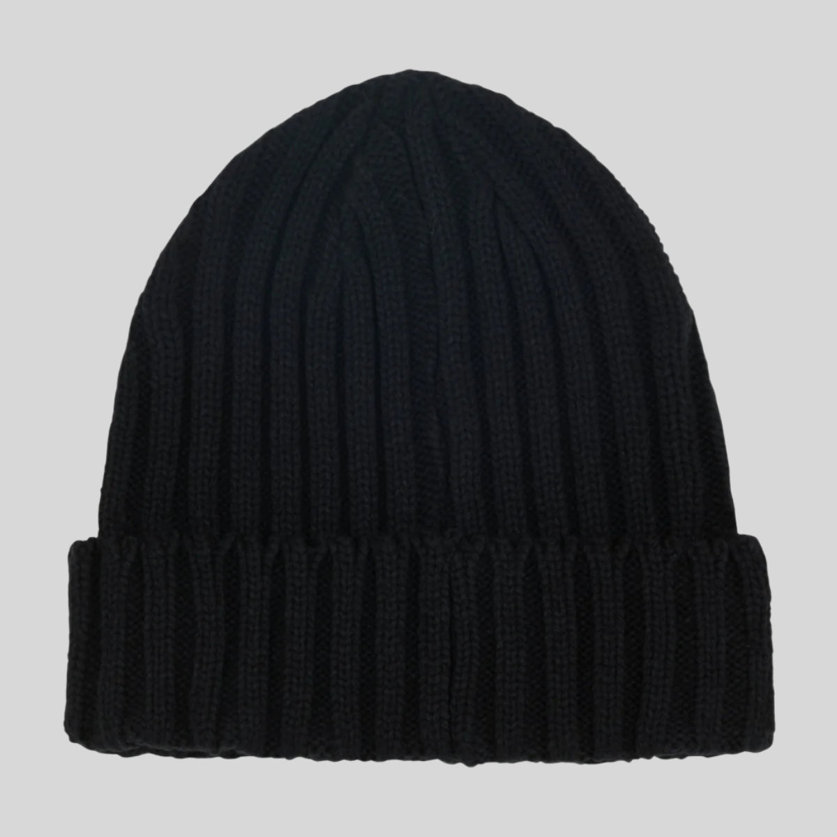 back view of navy beanie hat on white background