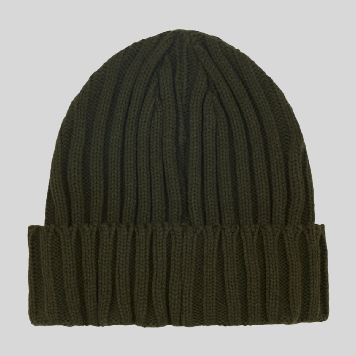 back view of green beanie on a white background