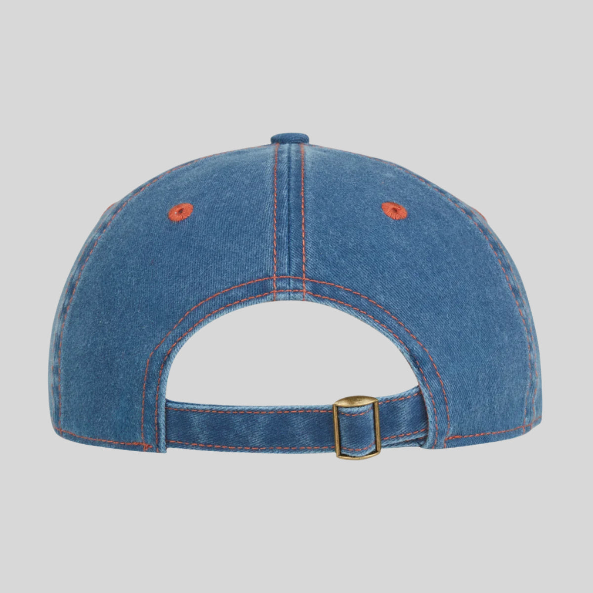 back view of Denim wash cap  Adjustable strap. On a white background