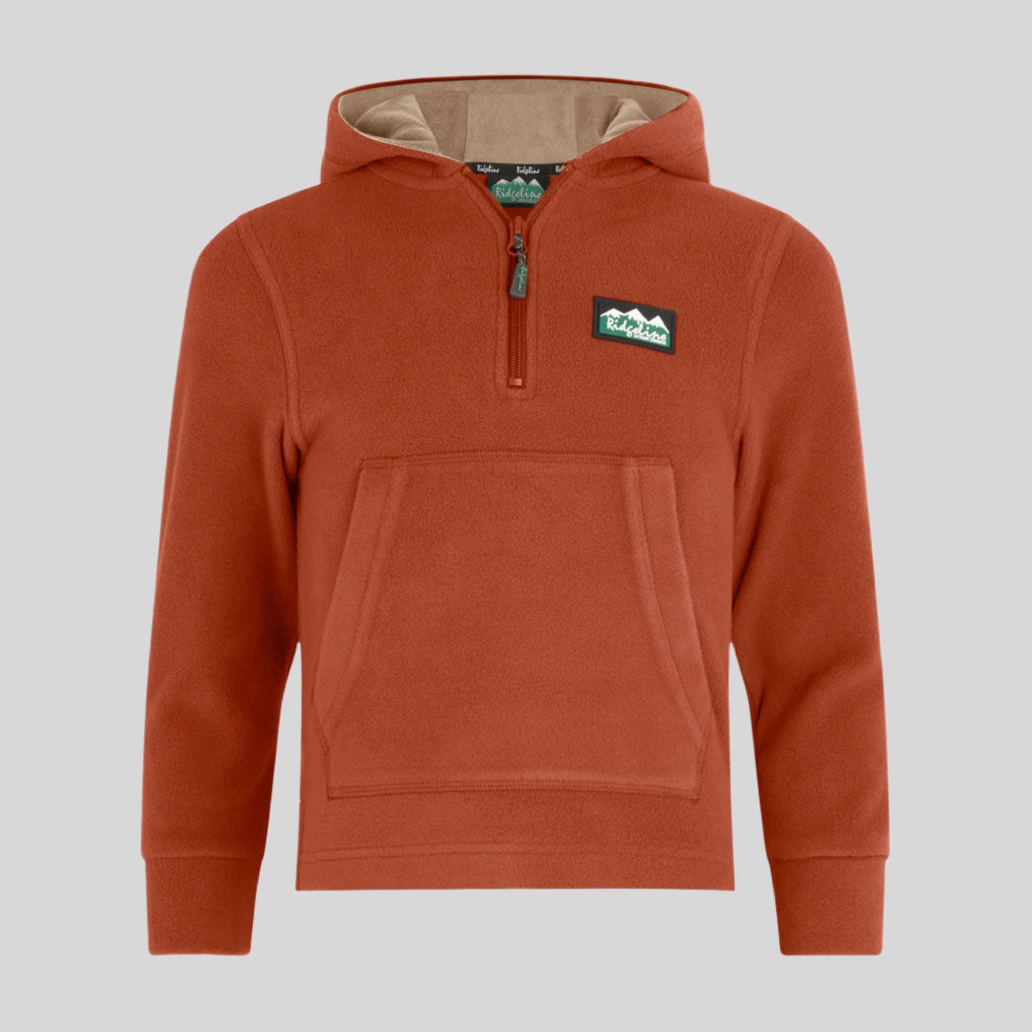 Orange hoodie with a Ridgeline Clothing logo on the chest against a white background