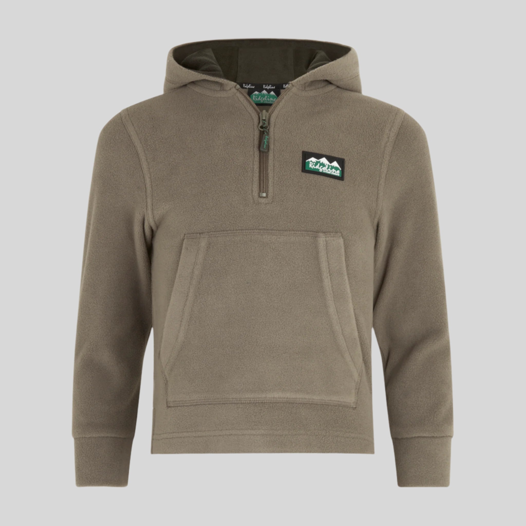 Grey hoodie with a Ridgeline Clothing logo on a white background