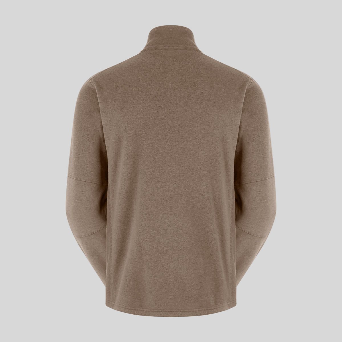 Brown back of fleece pullover with a logo on a light grey background