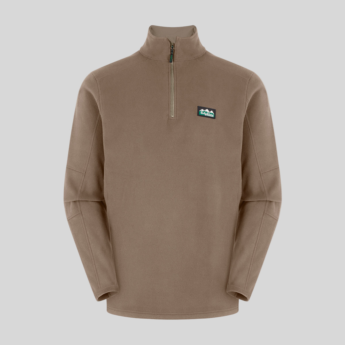 Brown fleece pullover with a logo on a light gray background
