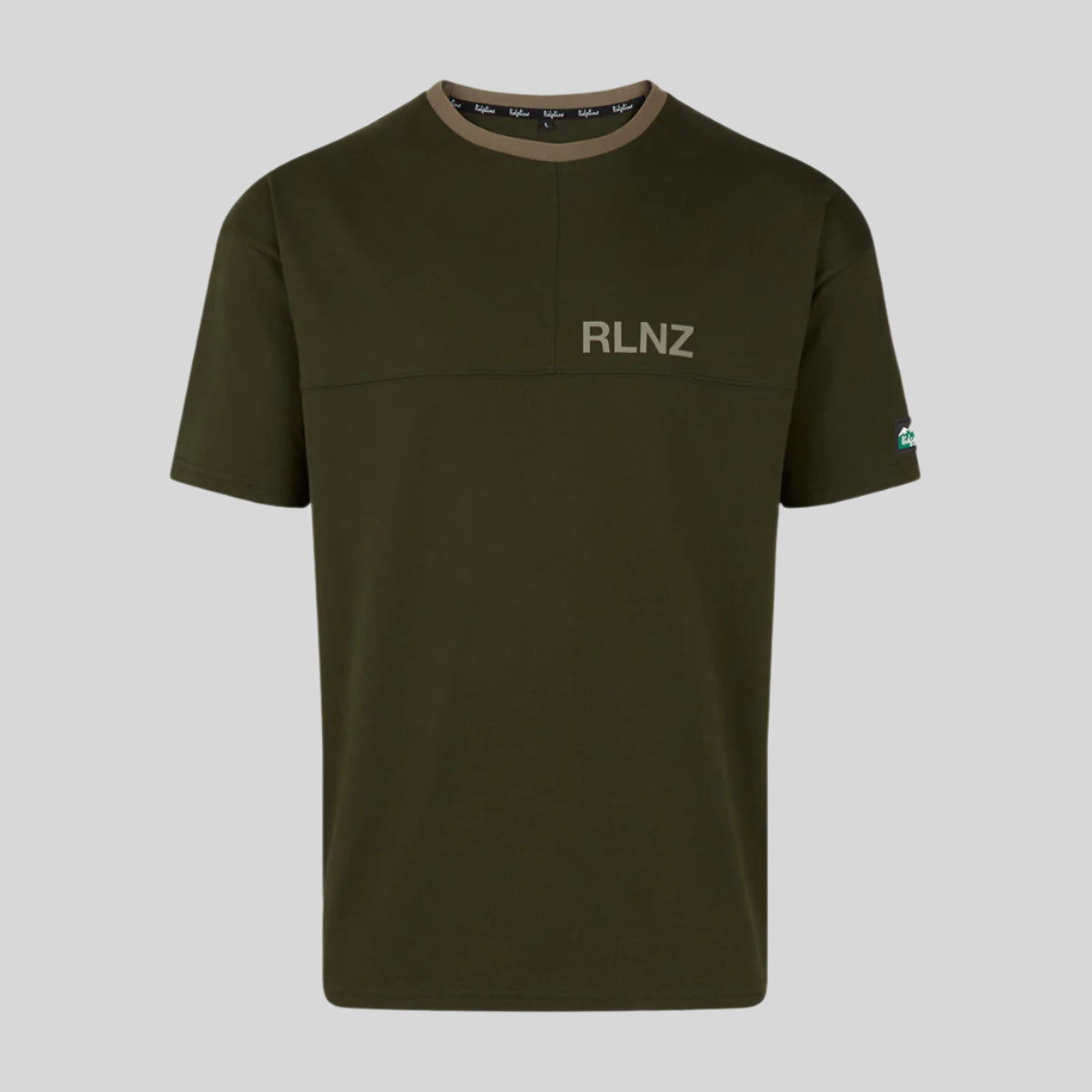 Green t-shirt with 'RLNZ' logo on a white background