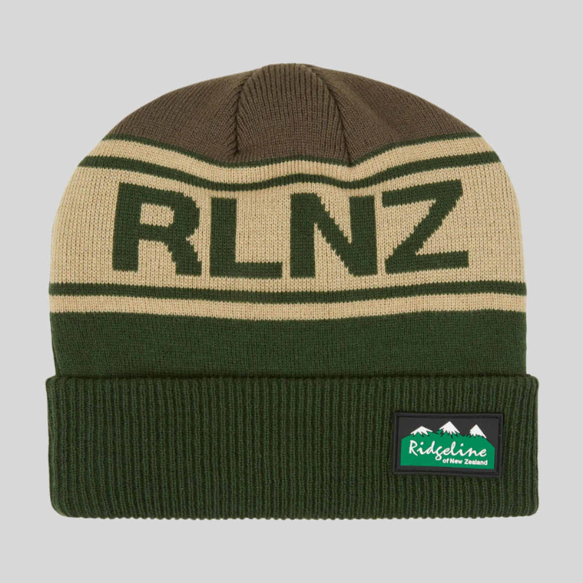 A knitted beanie with horizontal stripes in beige, green, and brown colours, featuring the text 'RLNZ' on the front. on a white background