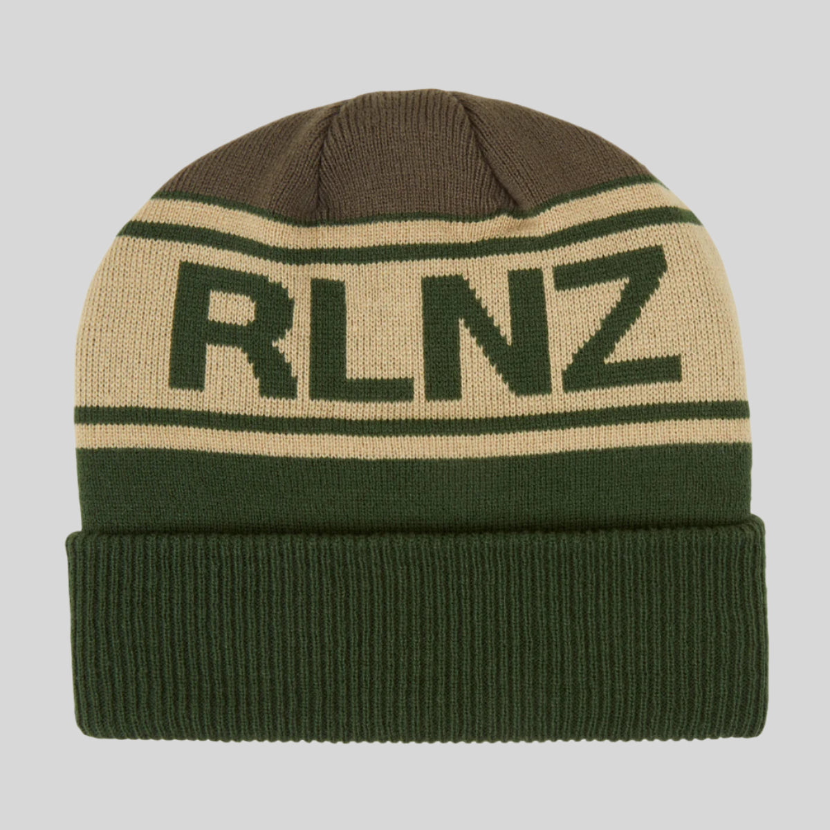 A knitted beanie with horizontal stripes in beige, green, and brown colours, featuring the text 'RLNZ' on the front. on a white background
