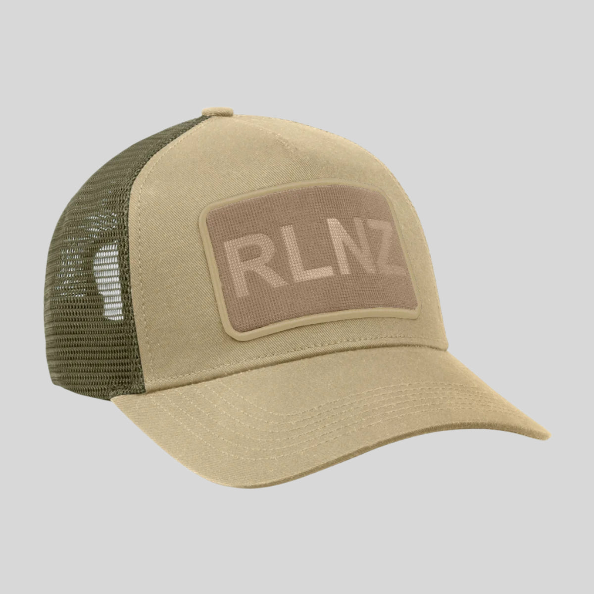 Brown hat with 'RLNZ' logo on front and mesh back. On a white background