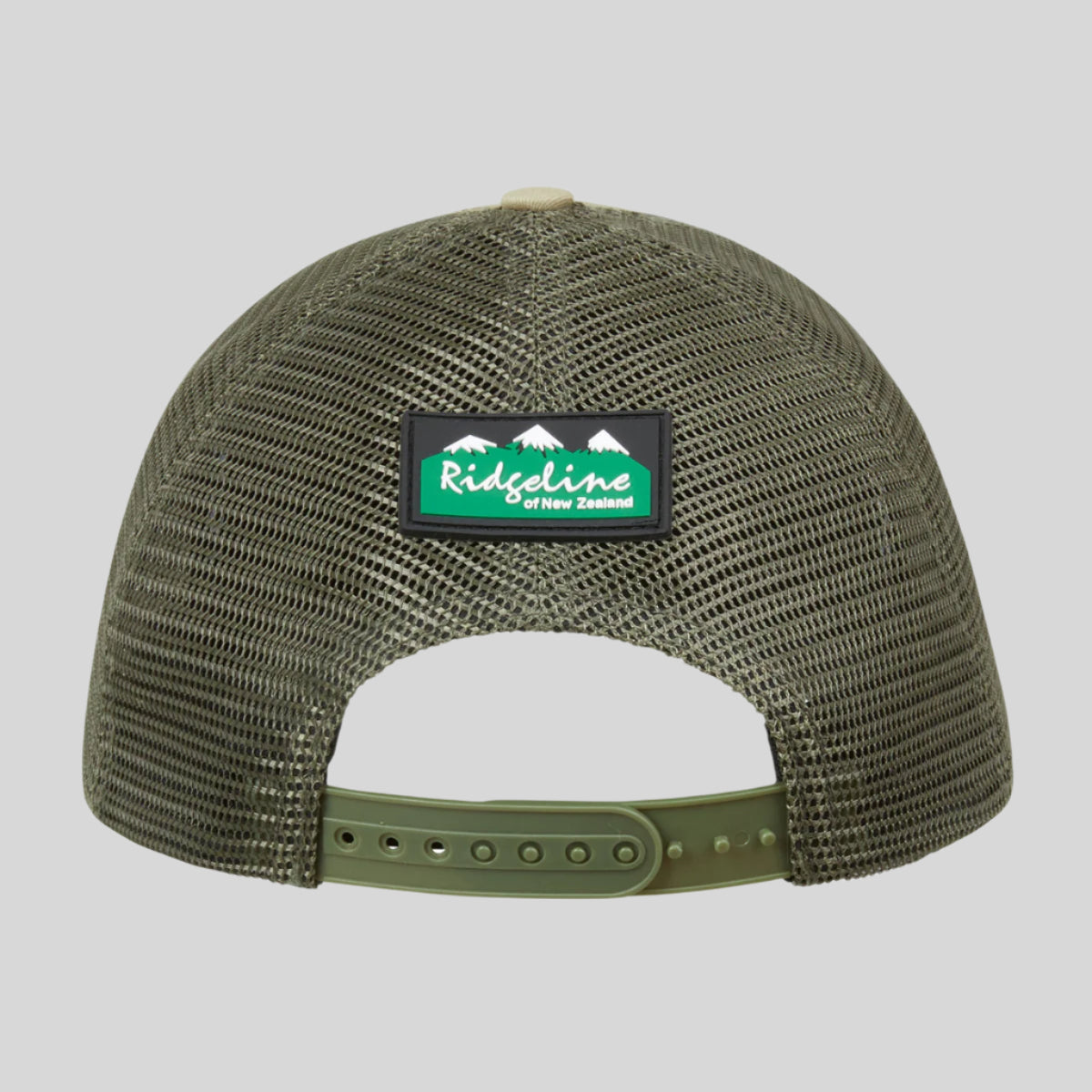 Back view of hat. Showing mess material with buttoned belt adjustment. On a white background 