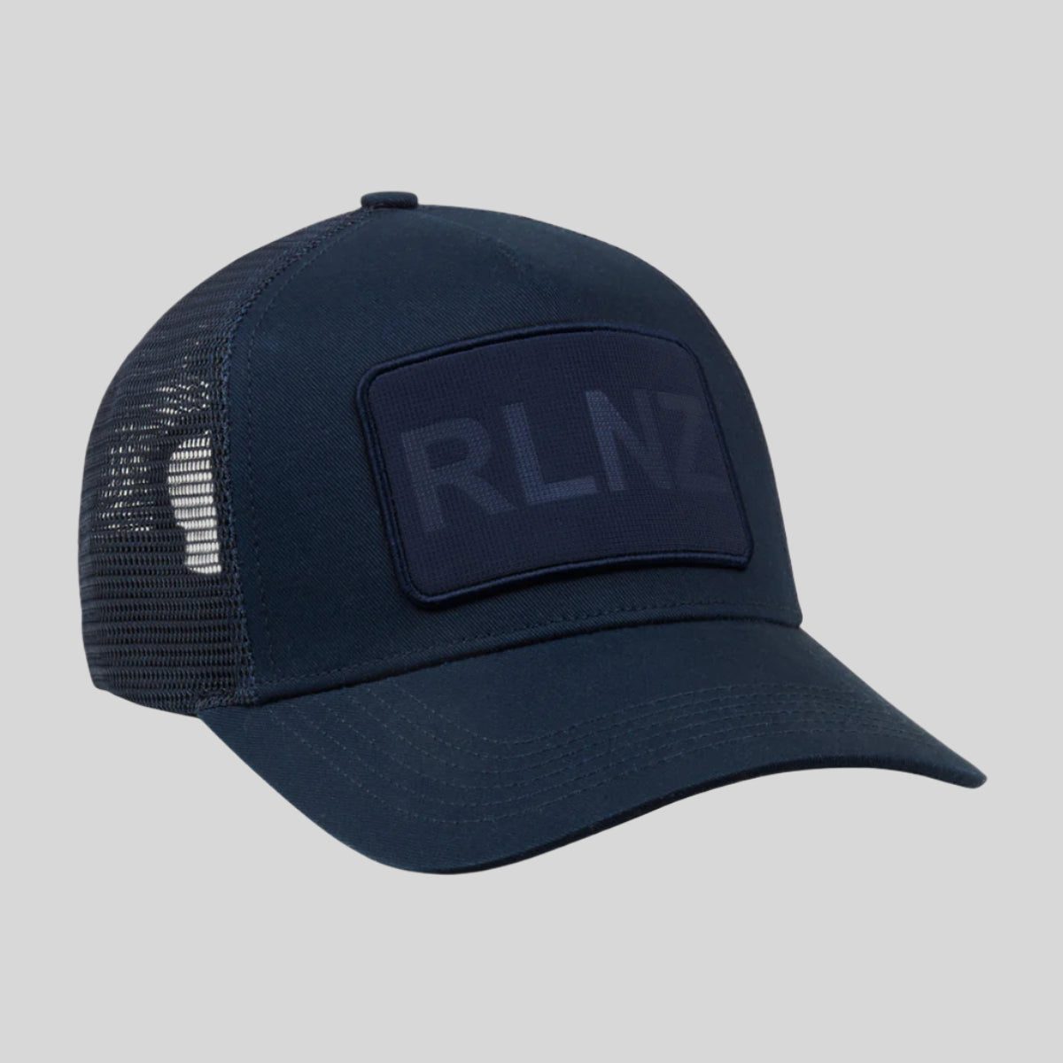 Navy hat with 'RLNZ' logo on front and mesh back. On a white background