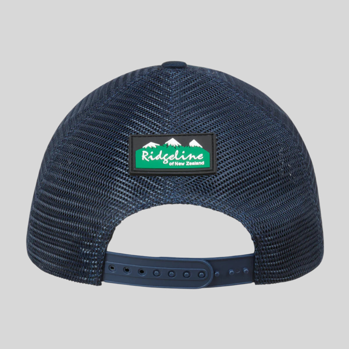 Back view of hat. Showing mess material with buttoned belt adjustment. On a white background 