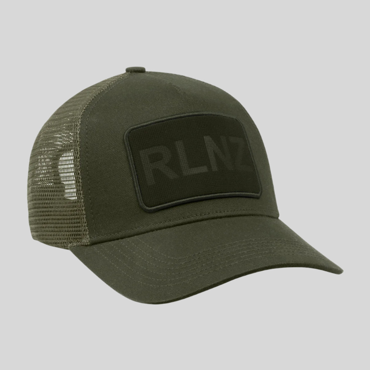 green hat with 'RLNZ' logo on front and mesh back. On a white background