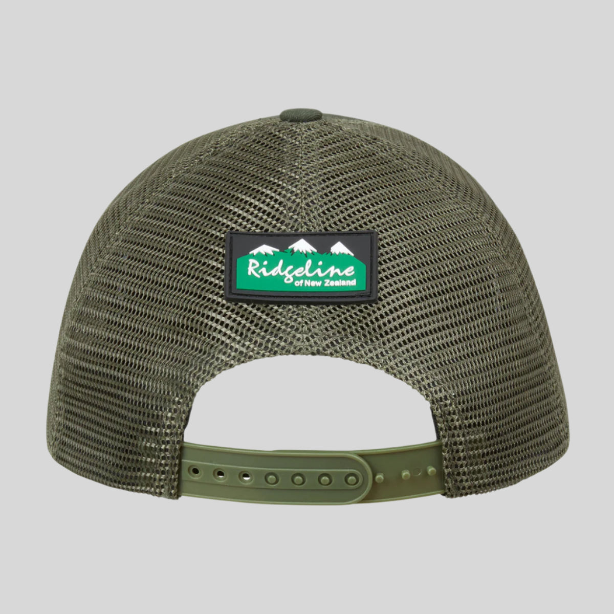 Back view of hat. Showing mess material with buttoned belt adjustment. On a white background 