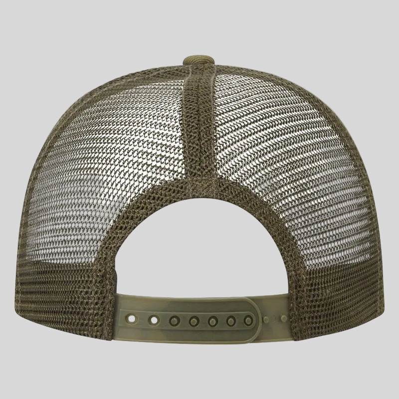 Brown mesh cap with a leather strap on a grey background