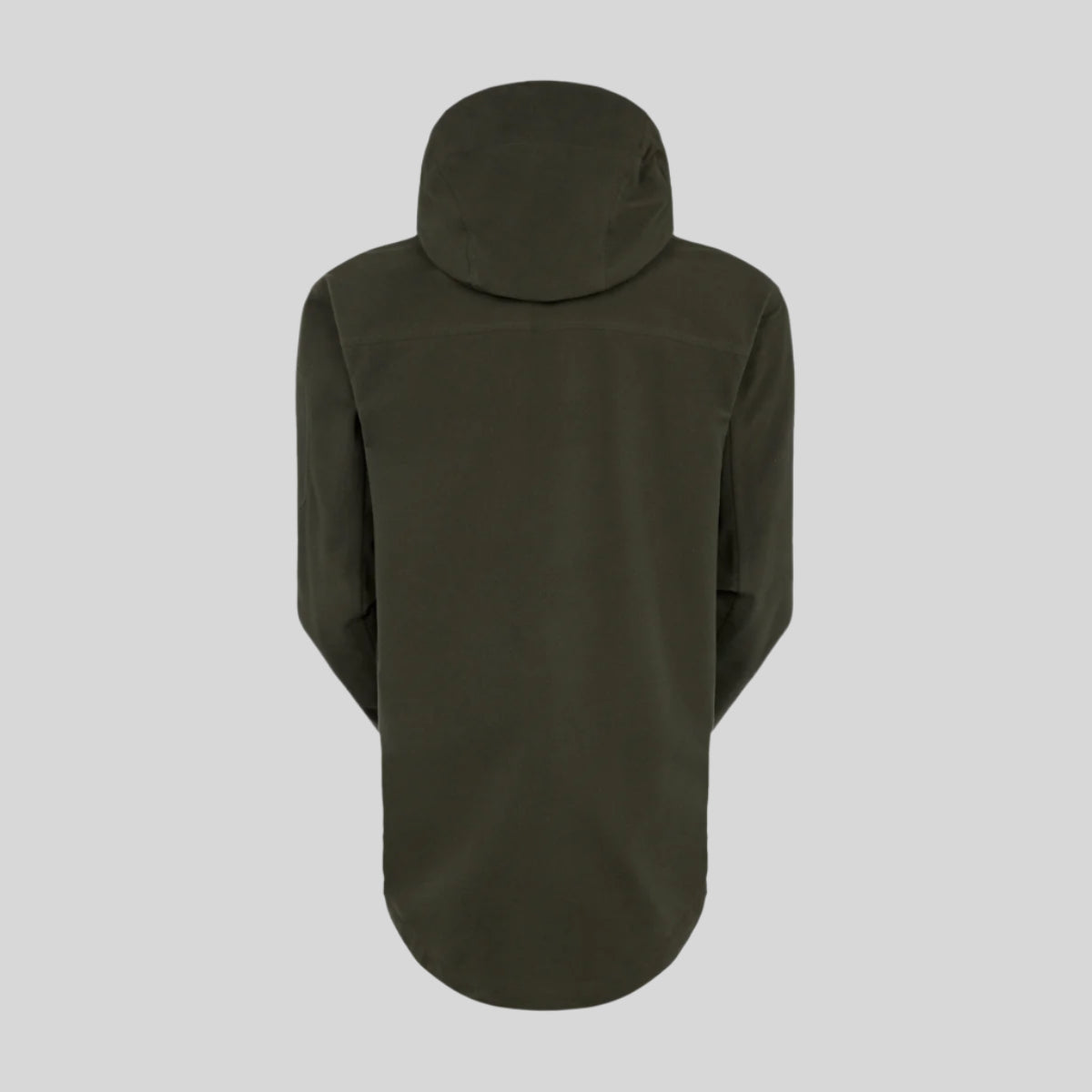 A green wool blend Tempest Jacket back image with a hood. The jacket appears to be designed for outdoor or agricultural use, with a rugged and practical aesthetic.