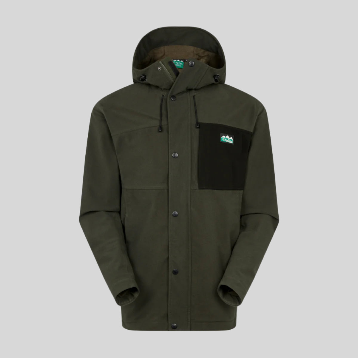 A green wool blend Tempest Jacket with a hood, featuring a full-length front zipper and chest pockets with zippers. The jacket appears to be designed for outdoor or agricultural use, with a rugged and practical aesthetic.
