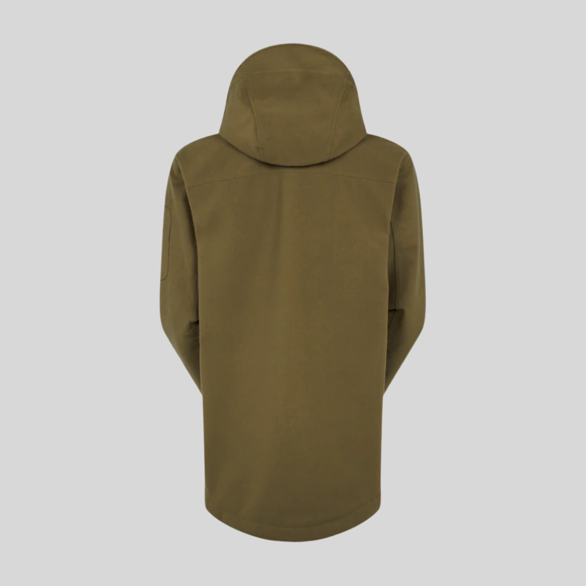 back view of Brown waterproof hooded jacket with a black pocket on a white background
