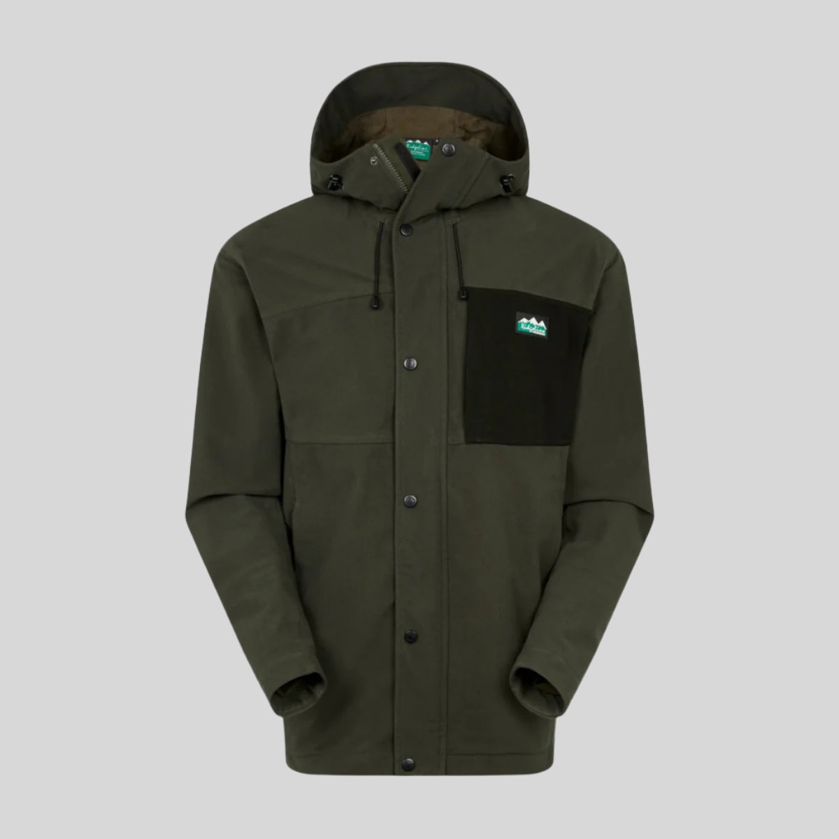 A green Tempest waterproof jacket with a hood, featuring a chest pocket, hand pockets, and twin adjustable hem drawcords. on a white background