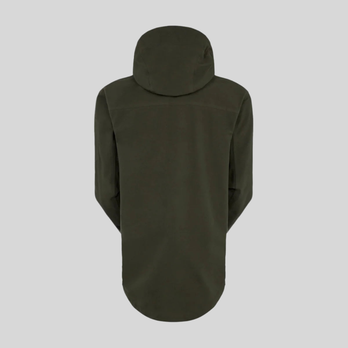 back view of a A green Tempest waterproof jacket with a hood, featuring a chest pocket, hand pockets, and twin adjustable hem drawcords. on a white background