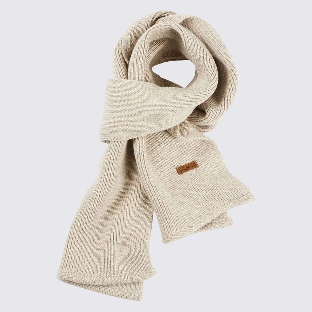 Cream ribbed knit scarf with folded ends and stitched logo patch, laid flat view.