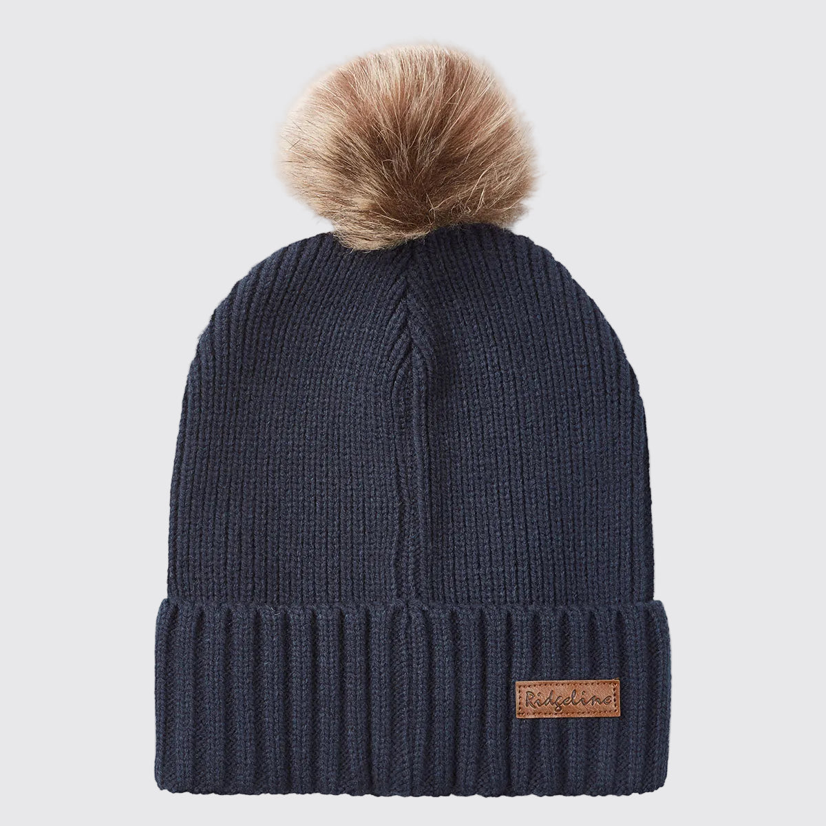Navy ribbed knit beanie hat with faux fur pom pom, front view.