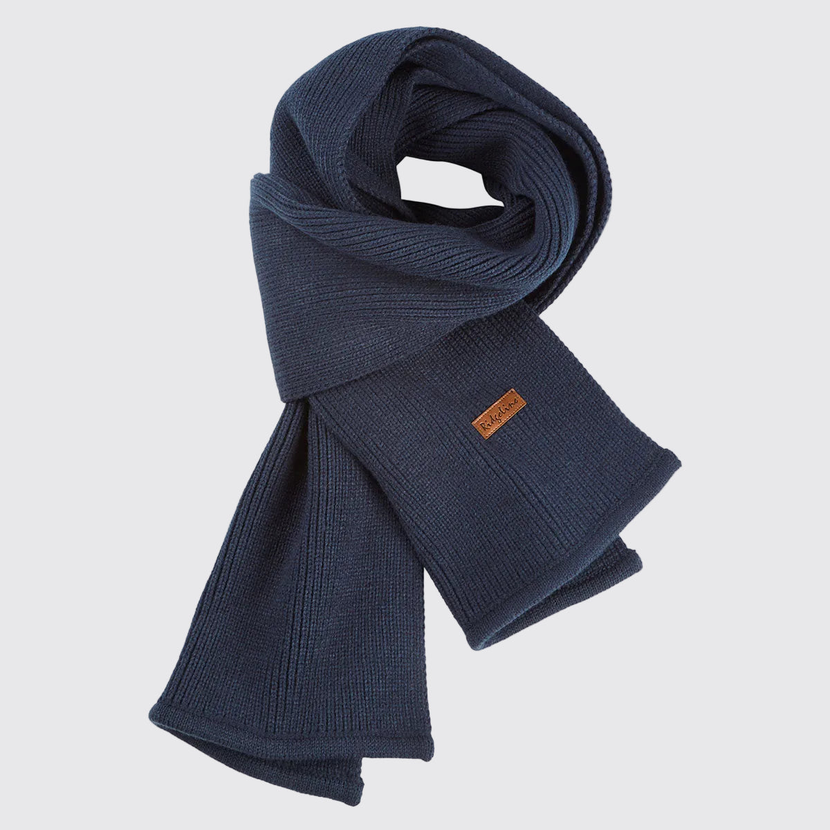 Navy ribbed knit scarf with folded ends and stitched logo patch, laid flat view