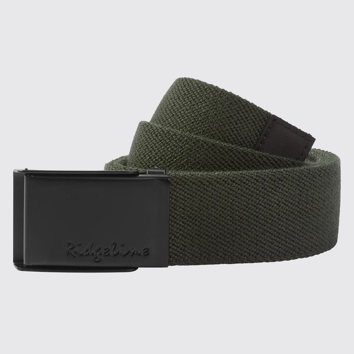 Ridgeline green woven fabric belt with Ridgeline‑inscribed black plaque buckle, coiled front view