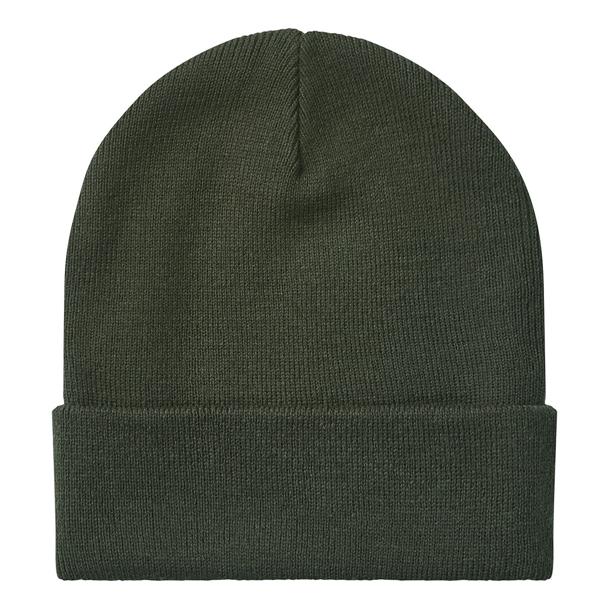 Rear of a greenish blue ridgeline beanie in a studio gray background