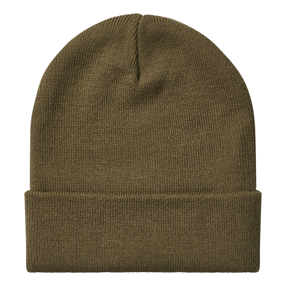 Rear view of a greenish-brown ribbed knit beanie with a folded cuff, displayed against a light grey background. The beanie features a clean, unbranded back with a fine-knit texture and a central top seam. Its stretch-fit construction and classic cuffed design are clearly visible, highlighting a simple, versatile style suitable for outdoor wear and cold-weather conditions.
