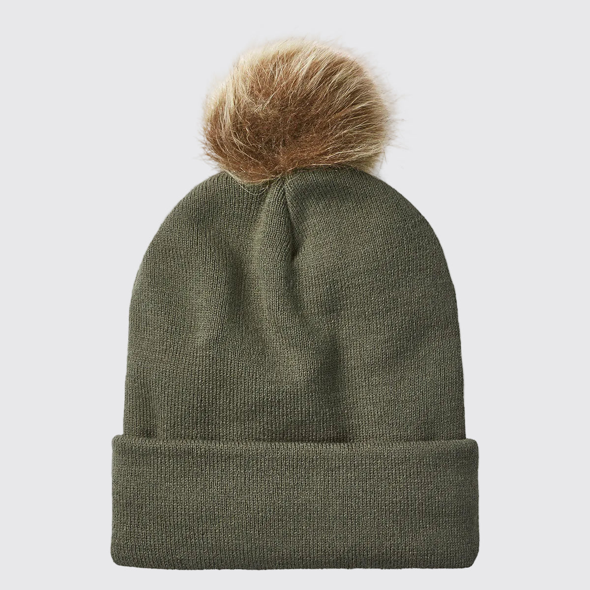 Rear view of a greenish ribbed knit beanie with a folded cuff and a large faux-fur pom-pom attached at the crown, displayed against a light grey background. The beanie features a clean, unbranded back with a fine-knit texture and subtle central seam shaping beneath the pom-pom. The soft, fluffy pom-pom adds a stylish touch, while the stretch-knit construction and cuffed design highlight the beanie's warmth and suitability for cold-weather outdoor wear.
